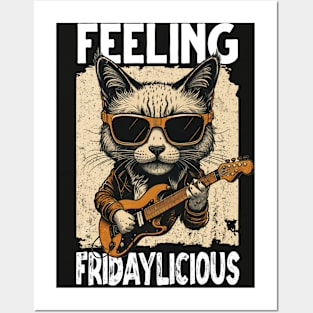 Rock Cat Playing Guitar feeling fridaylicious Funny Meme Tee Posters and Art